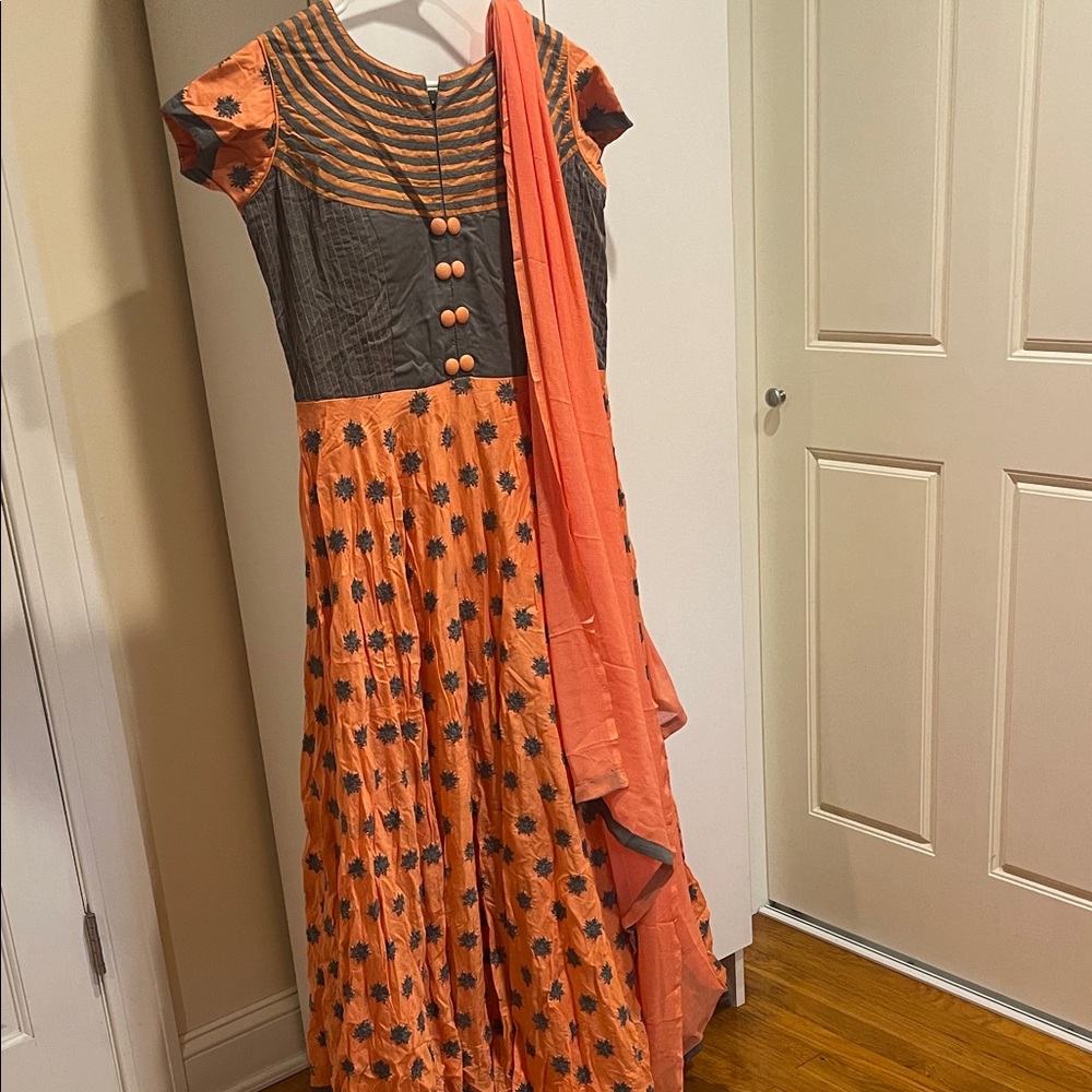 Orange and Gray Embroidered Dress with Scarf